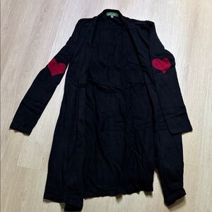 Amber Hagen Black 90% Cotton 10% Cashmere Cardigan with Red Heart Elbows